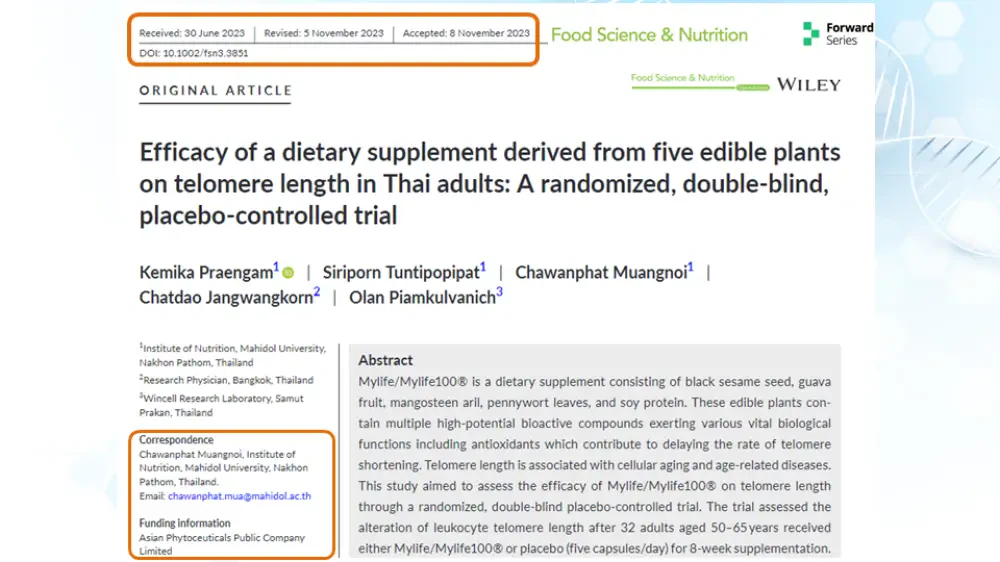 Efficacy of a dietary supplement derived from five edible plants on telomere length in Thai adults: A randomized, double-blind, placebo-controlled trial