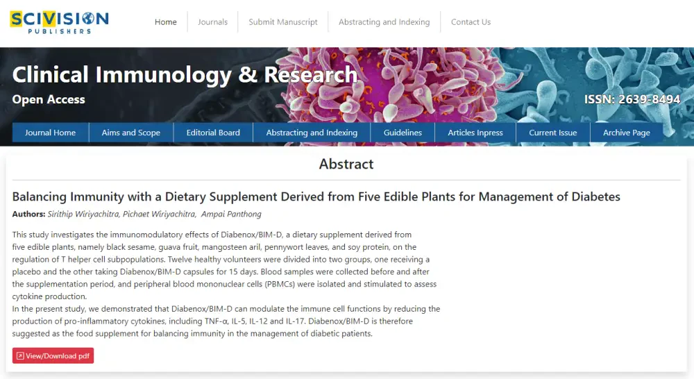 Balancing Immunity with a Dietary Supplement Derived from Five Edible Plants for Management of Diabetes