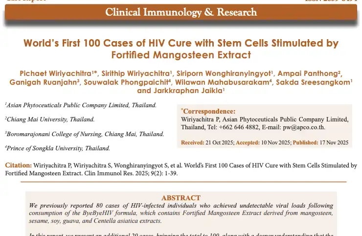 World’s First 100 Cases of HIV Cure with Stem Cells Stimulated by Fortified Mangosteen Extract